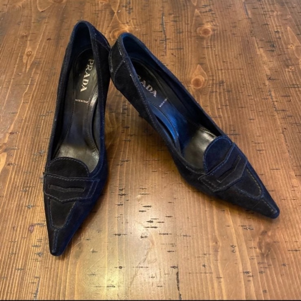 Prada kitten loafer heels black suede pointed toe sz 7